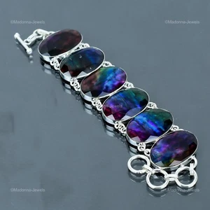 Valentines Deal 925 Silver Oval Natural Ammolite Elegant Chain Bracelet Jewelry - Picture 1 of 6