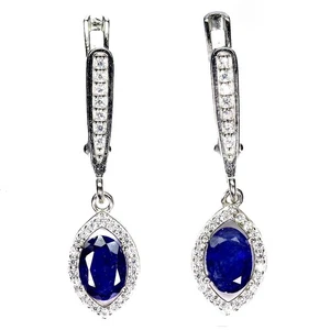 925 Sterling Silver Earrings Oval Blue Sapphire 7x5mm Natural Gemstone Jewelry - Picture 1 of 14