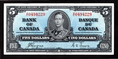Bank of Canada Early King Georg VI $5 Dollar Banknote 1937 Nice VERY SCARCE - Image 1 of 2