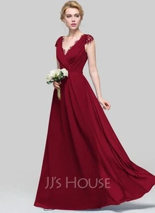 Vestido de Dama de Honor JJ’s House Vestido Formal, Borgoña Gasa y Encaje, EE. UU. 12 #90176 - Imagen 1 de 15