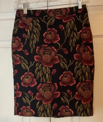 Ann Taylor Black Floral Corduroy Pencil Skirt Size 0 Petite - Image 1 of 3
