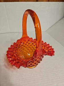 Vintage Fenton Ruffled Glass Basket Orange Red Amberina Hobnail Handled - Picture 1 of 12