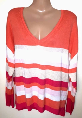 M&S 18+ pink/coral mix stripe fine knit oversize V-neck summer jumper with LINEN - Image 1 of 4