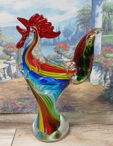 Murano Art Glass Rainbow Colored Rooster Figurine - Picture 1 of 14