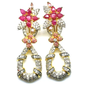 Piedras Rojo Rubí,Zafiro Rosa & Blanco Circonita Pendientes 925 Plata 18K Dorado - Imagen 1 de 4