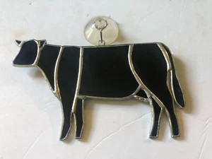 Vintage Black Cow Stained Glass Sun Catcher Lead w/ Suction Cup Holder 6"x4" NEW - Picture 1 of 5