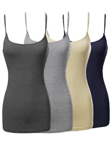 Women Basic Solid Long Length Adjustable Spaghetti Strap Camisole Tank Top - Picture 1 of 115