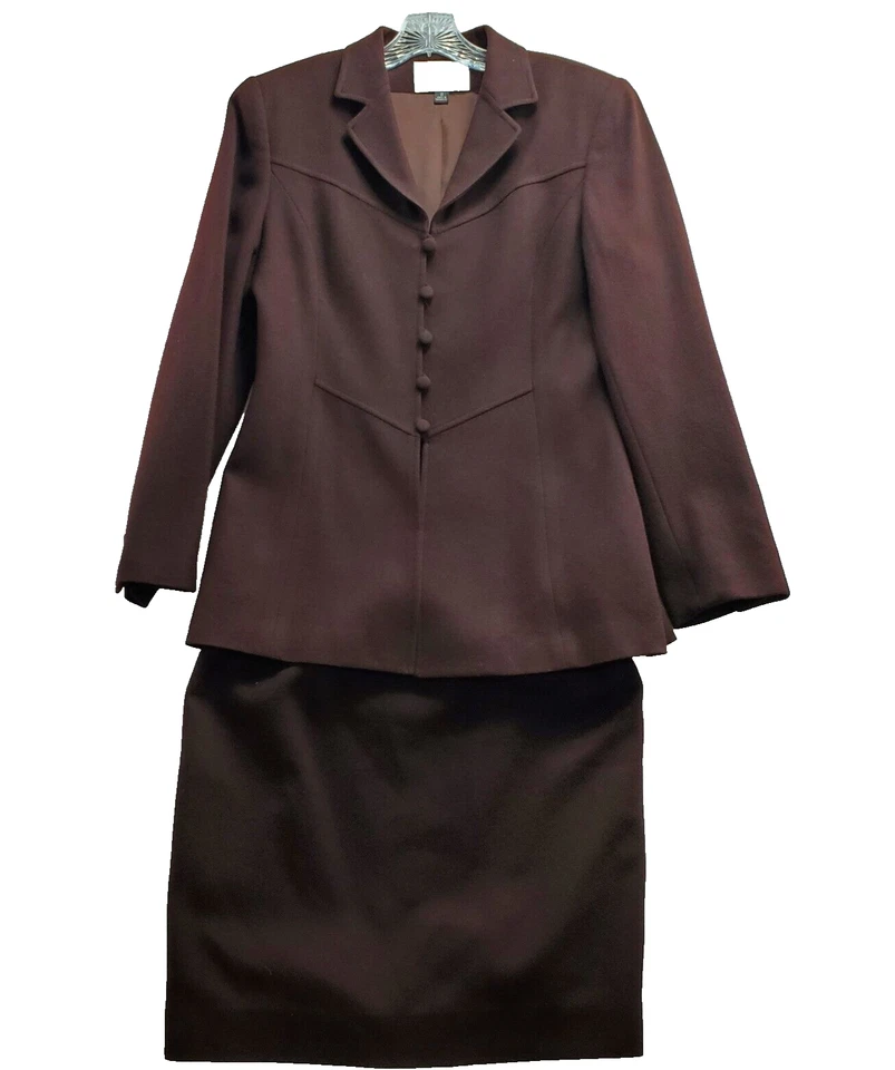 Kasper For A.S.L 裙子套装女式 8 棕色羊毛 2 件办公室职业工作 — 第 1/4 张图片