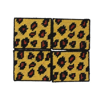 Handmade Leopard Animal Print Stitched Yarn Needlepoint Plastic Canvas Coasters - Image 1 of 3