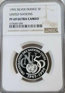 1995 FRANCE SILVER 5 FRANCS UNITED NATIONS NGC PF 69 ULTRA CAMEO SCARCE TOP POP - Picture 1 of 5