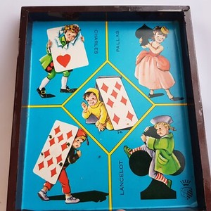 1960s Garnier Cornil France playing cards illustration dice box poker game tray