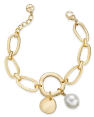 Pulsera Alfani imitación blanco barroco perla encanto eslabones tono dorado 7" venta al por menor $34 Foto 1 de 4