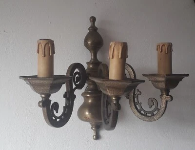 Applique Lampadario 3 Luci Ottone Portacandele Vintage - Immagine 1 di 4