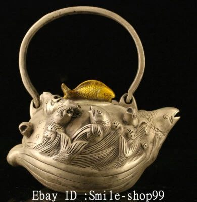 7" Antiguo China Bronce Puro Dorado Plata Dinastía Goldfish Plato Vino Tetera Bandera Foto 1 de 4