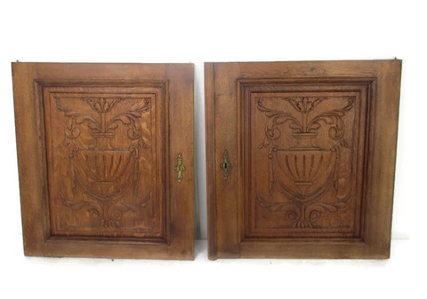 Pair Antique Hand Carved Wood Door Panels Reclaimed Architectural Flower Baskets Cover