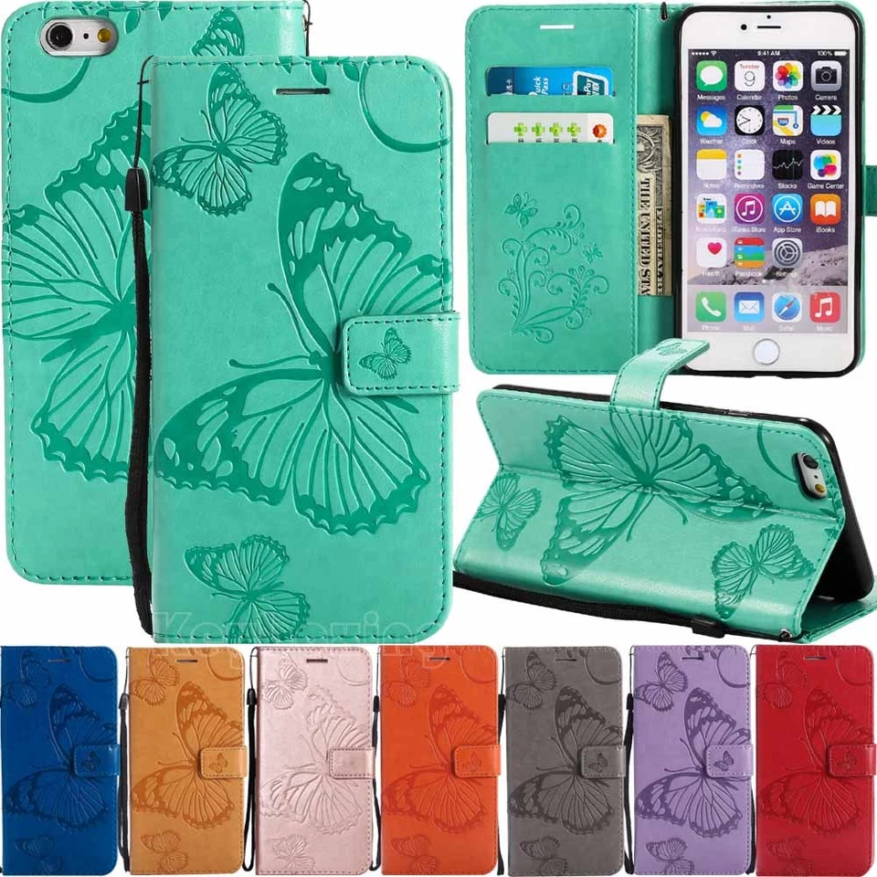Butterfly Card Wallet Leather Flip Case Cover For iPhone XS Max XR 6S 7 8 Plus - Image 1 of 4