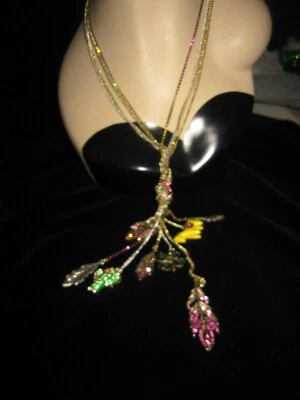 BETSEY JOHNSON FLIGHT OF FANCY CHARMS HORSE CACTUS CLOVER FEATHERS LONG NECKLACE - Image 1 of 4