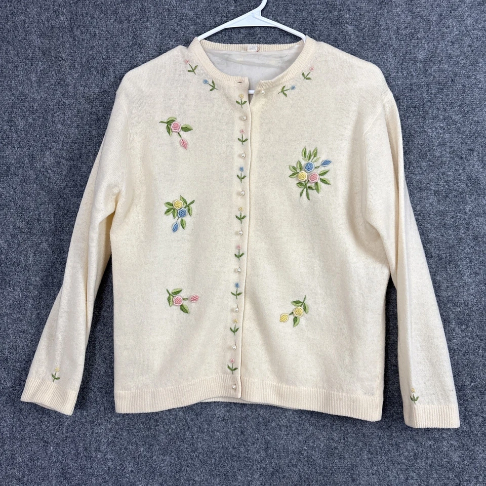 Suéter Vintage Mujer Talla 40 Crema Bordado Perla Botones Forrado Foto 1 de 4
