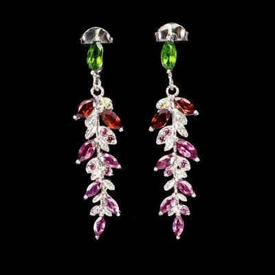 925 Sterling Silver Earrings Marquise Chrome Diopside Rhodolite Gemstone Jewelry - Image 1 of 4