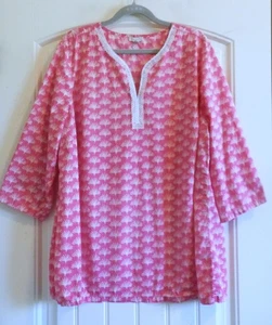 TALBOTS Women's Pink White Cotton Lace Fan Print BLOUSE Tunic Top SZ 2X - Picture 1 of 5