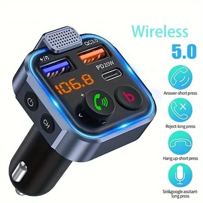 Adaptador Transmisor FM Inalámbrico Bluetooth 5.0 Coche USB PD Cargador AUX Manos Libres Foto 1 de 4