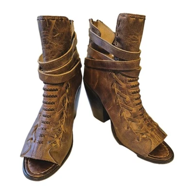 Freebird By Steven Eagle Distressed Brown Leather Peep Toe Bootie Women's Size 9 - Image 1 of 4