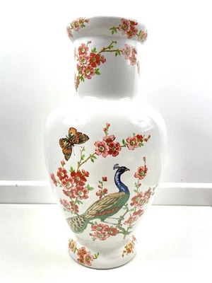 Vintage Japanese Style Oriental Floral Large Vase Ceramic Cherry Blossom Peacock - Image 1 of 4