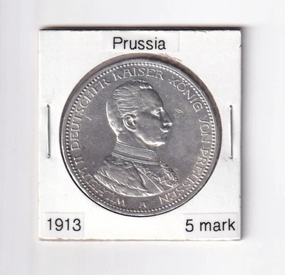 1913 年 A 年普鲁士/德国各州银币 5 马克柏林铸币厂硬币 — 第 1/2 张图片