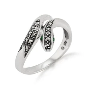 Estilo Art Nouveau Redondo Esmeralda Y Marcasita Serpiente Anillo En 925 Plata - Imagen 1 de 4