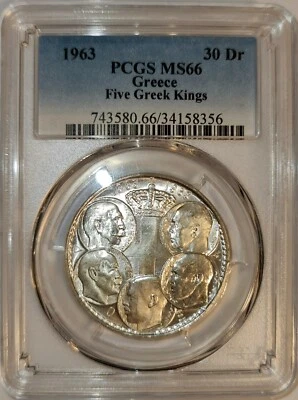 GRECIA / 1963 30 Dracmai Centenario - Cinco Reyes - ¡PCGS MS 66!!! Foto 1 de 2
