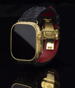 Custom 24k Gold Plated 49mm Apple Watch ULTRA Engraved Black Leather Band - Picture 1 of 3