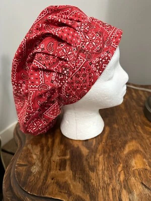 RED HANDKERCHIEF DESIGN ON NURSES SCRUB HAT, BOUFFANT, CHEMO ,SURGERY TECH - Image 1 of 2