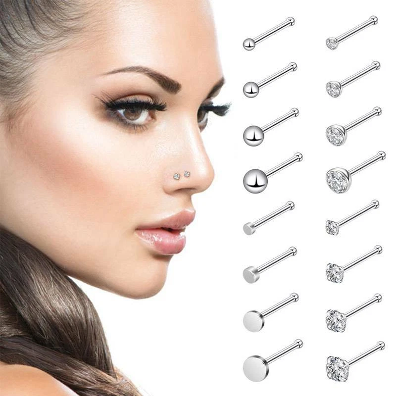16PCS/LOT 20G CZ Ball Bone Stud Surgical Steel Pin Lip Silver Ear Nose Rings Set - Image 1 of 1