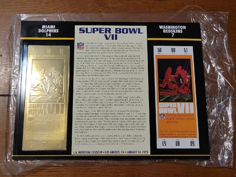 SUPER BOWL VII 7 Miami Dolphins vs Washington Redskin 22KT GOLD TICKET STAT CARD Cover