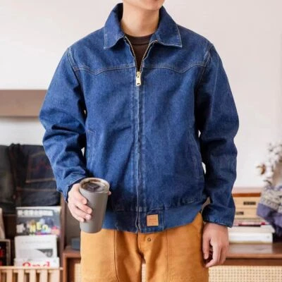 Chaqueta de mezclilla Santa Fe azul lavado ropa lisa chaqueta de trabajo vintage para hombre moda Foto 1 de 4