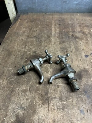 Antique Old Hot Cold Bathroom Sink Faucet Spouts Brass Handle Set Pair Parts USA - Image 1 of 4