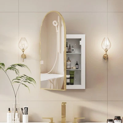 Botiquín de baño arqueado dorado con espejo empotrado y montado en superficie Foto 1 de 4