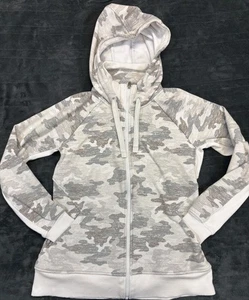Athleta Hoodie Womens Medium Gray Camo Full Zip Thumbholes Fleece Lined Jacket - Picture 1 of 12