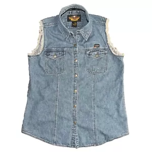 Harley Davidson Denim Weste Damen groß gestreift Druckknopf vorne Biker Klappe Tasche - Bild 1 von 11