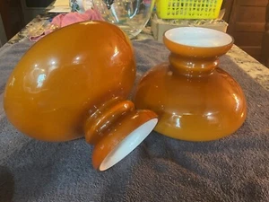 Pair Vintage Carmel Cased Glass Student Hurricane Oil Lamp Shades 5.25” Fitter - Picture 1 of 8