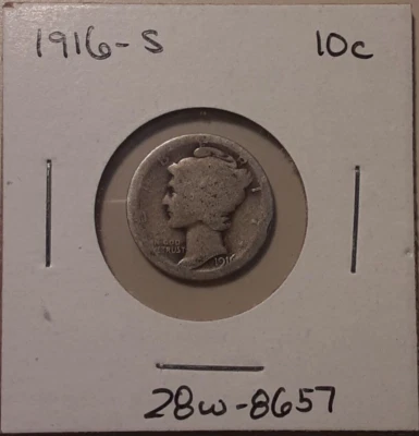 1916-S Mercury Dime 10c San Francisco Mint 90% US Silver (#28w-8657) Winged Cap - Image 1 of 4