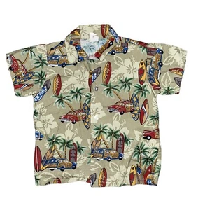 Vintage Hawaiian Shirt Big Boys 6 Green Vintage Car Surfboard Aloha Beach - Picture 1 of 8