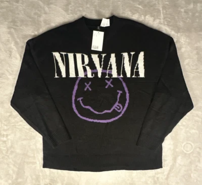 Suéter Tejido Nirvana Adulto Pequeño Negro H&M Dividido Banda Sonriente Concierto Pullover Foto 1 de 4