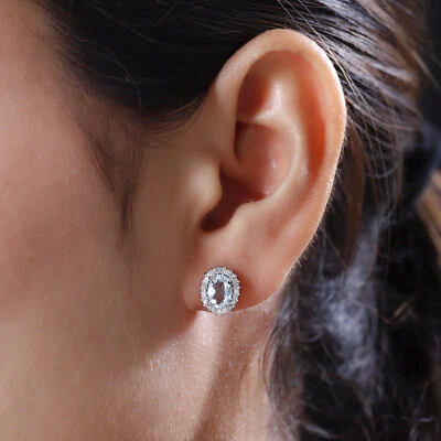 Серьги-гвоздики с аквамарином серьги с камнем родившегося в марте, серебро 925 пробы, дизайн Halo - Изображение 1 из 4