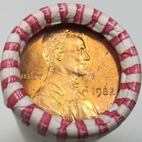 1982 P Small Date Copper Lincoln Cents/Memorial Penny OBW BU Roll 50 UNC Pennies Cover