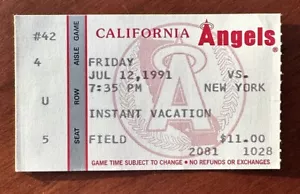 July 12, 1991 California Angels Ticket Stub vs NY Yankees NM - Don Mattingly RBI - Picture 1 of 2