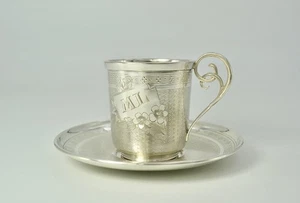 Antique French Silver Cup and Saucer Minerva Mark Chapus c.1900 Floral Guilloché - Picture 1 of 12