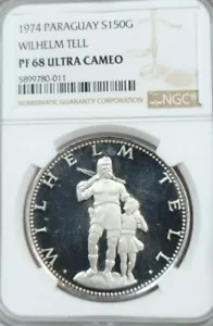 1974 PARAGUAY SILVER 150 GUARANIES WILHELM TELL NGC PF 68 ULTRA CAMEO TOP POP - Picture 1 of 4