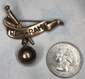 Vintage 1940s Brass RAH-RAH Banner Cheerleader Basketball Brooch Pin - Picture 1 of 5