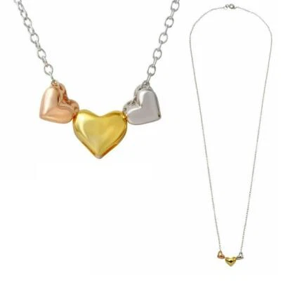 Argento Sterling Collana W/ Oro Rosa, Oro & Placcato Rodio 3 Cuori Ciondolo - Immagine 1 di 4